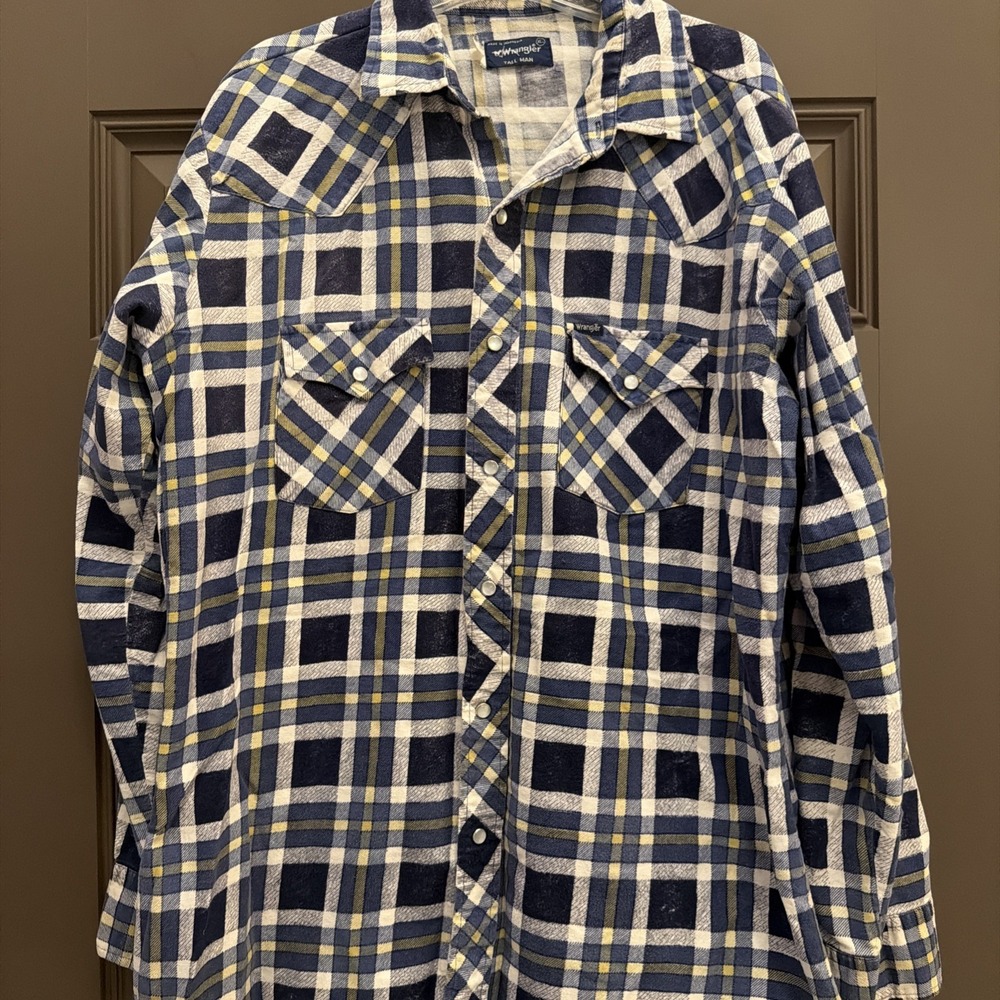 Vtg Wrangler Pearl Snap Tall Man Plaid Shirt  Mens XL  Blue Yellow White Cowboy